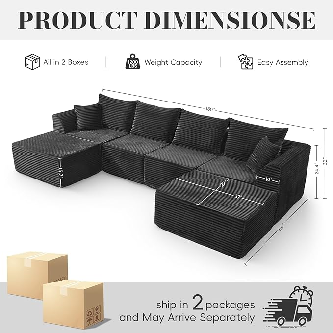 130" Modular Sectional Sofa,Modular Cloud Sofa,U-Shaped Cloud Couch with High-Density Foam & Corduroy Fabric,Boneless Couch Deep Seat Couch for Living Room Apartments Bedroom No Assembly Required ﻿ | Ready-to-Use, Durable Corduroy, Modular, Multi-Box D...