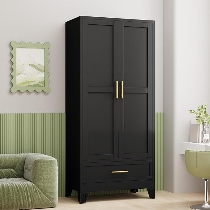 GAIOUS Steel Armoire Wardrobe Closet, 71" Household Wardrobe Cabinet with 2 Doors, 1 Adjustable Shelf and 1 Drawers, Metal Clothing Storage Cabinet with Hanging Rod for Bedroom, Cloak Room,Gym(Black)