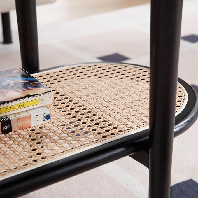Black Rattan Coffee Table, 39.5" Oval Center Table with Storage Shelf, Modern 2-Tier Wood Side Table for Bedroom Small Space