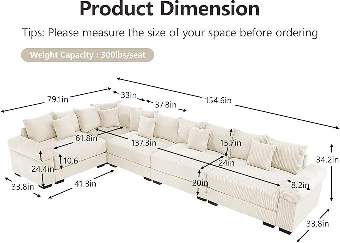 KEIKI 146" L-Shaped Oversized Corduroy Modular Cloud Sectional Sofa with High-Density Foam Cushion, Extra-Thick Armrest, Convertible 5-Seater Fluffy Corner Couch with 18 Pillow, for Living Room, Beige
