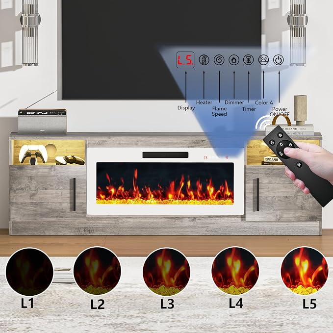 PRETZI Fireplace TV Stand with 36" Fireplace Up to 80" TVs, 70" Entertainment Center with LED Lights,Remote Control, TV Media Console with Storage Cabinets for Living Room,White+Grey - Image 3