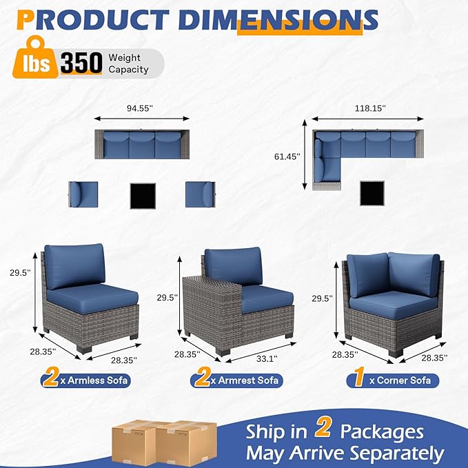6 Pieces Outdoor Patio Furniture Set with Table Gray Rattan Sectional Sofa Conversation Sets for Balcony Lawn and Garden (Navy Blue, 6 pcs w/Table)