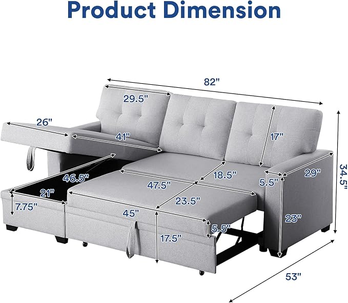 Rovibek 82" Convertible Sofa Bed Couch with Storage - 4 in 1 L Shaped Sofa with Pull Out Couch Bed for Living Room, Apartment, Office, Small Spaces, Light Grey