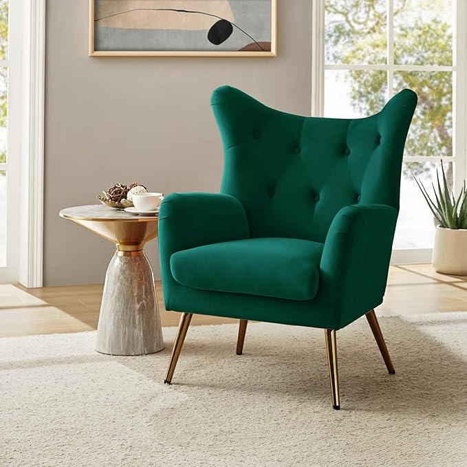 HULALA HOME Velvet Accent Chair, Modern Wingback Armchair with Metal Gold Legs, Velvet Tufted Upholstered Single Sofa Chair for Living Room Bedroom, Dining Room Accent Club Guest Chair (Green)