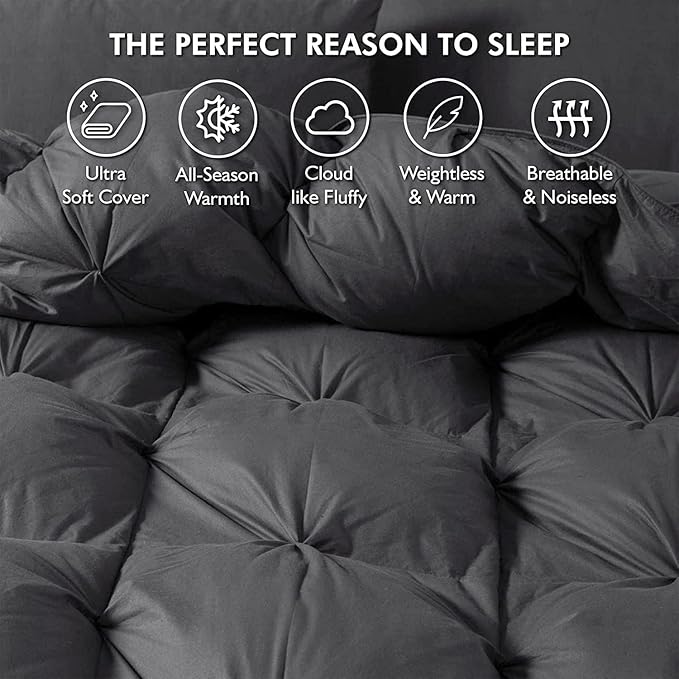 Luxurious King/California King Goose Down Comforter, Unique Gray Pinch Pleat, 600 Thread Count, 100% Egyptian Cotton Cover, 75 Oz Fill Weight, 750 Fill Power