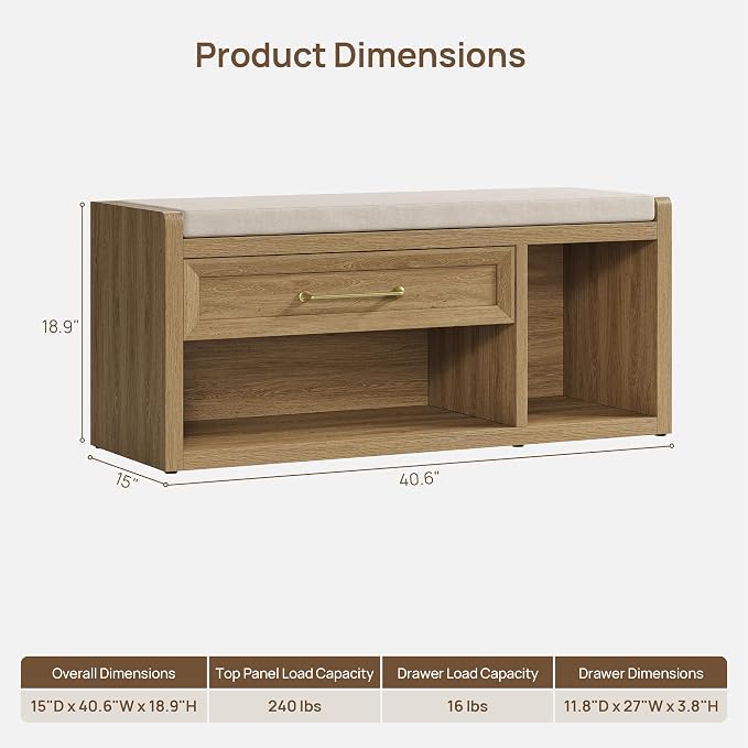 SICOTAS Shoe Bench with Storage, 40.6" Extra Wide Farmhouse Entryway Bench with Cushion, Drawer & Tall Boot Shelf, 18.9" Comfort Height Seat, Large Storage Bench for Bedroom Hallway Mudroom,Brown Oak - Image 2