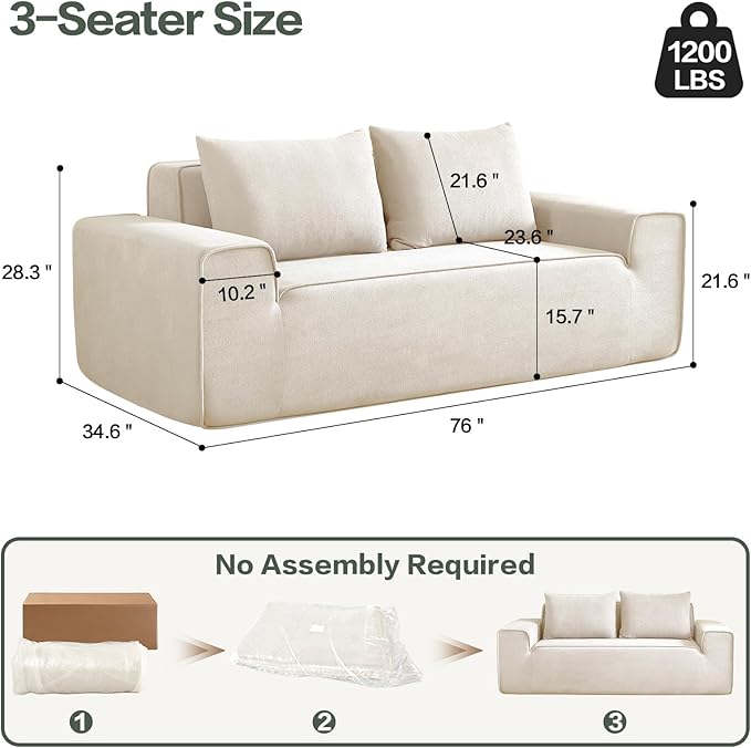 3 Seater Boneless Couch, Modern Foam Sofa in One Box, Comfy Deep Seat Sofa with 2 Pillows, Cloud Couch for Apartment, Office, No Assembly Required (White, Velvet)