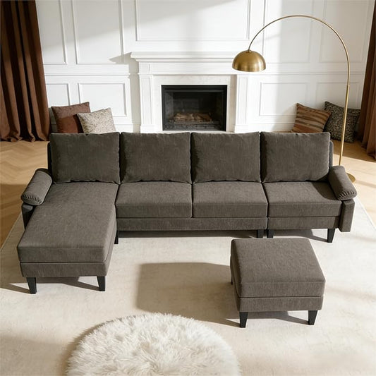 Modern L-Shaped Sectional Sofa with Storage Ottoman, Apartment Sectional Couch with Left Facing Chaise, 3-Piece Living Room Sofa Set, 115 Inch Furniture, Brown