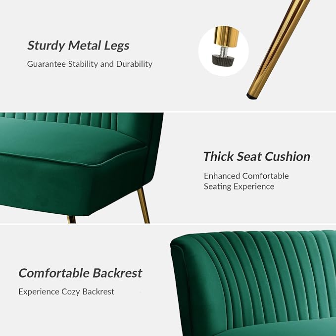 HULALA Home 3 Piece Velvet Living Room Furniture Set, Modern Comfy Upholstered Chair Set with Golden Legs, Include Loveseat & 2 Accent Chairs for Bedroom, Green Tufted 2-Seater Sofa & Armless Chairs