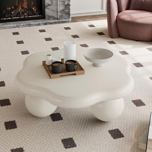 35.03" Cloud Coffee Table for Living Room Unique Coffee Table Modern Low Coffee Tables Cute Center Table with 3 Ball Legs for Small Space Apartment Cream Flower-White