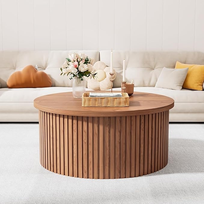 Fluted Lift Top Coffee Table with Hidden Storage, 31.6 Inch Round Coffee Tables for Living Room, Circle Wood Center Tables for Home (Walnut)