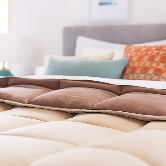 Linenspa Reversible Down Alternative Comforter and Duvet Insert, Oversized Queen – All-Season Comforter with Box Stitch and 8 Duvet Loops – Bedding for Kids, Teens, and Adults – Sand / Mocha