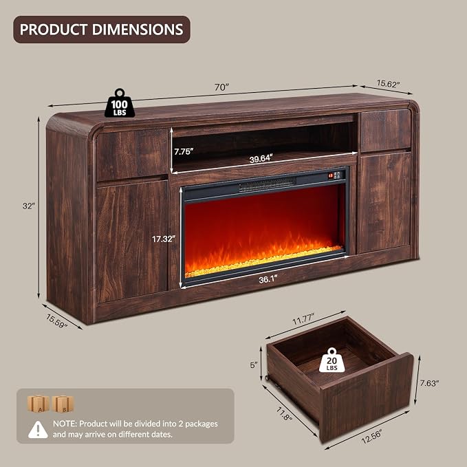 Modern Fireplace TV Stand with 36" LED Electric Fireplace for 80 inch TVs, 32" Tall Entertainment Center w/Drawers &Adjustable Shelves, Wood Media Console w/Curved Profile Design for Living Room,Brown - Image 2