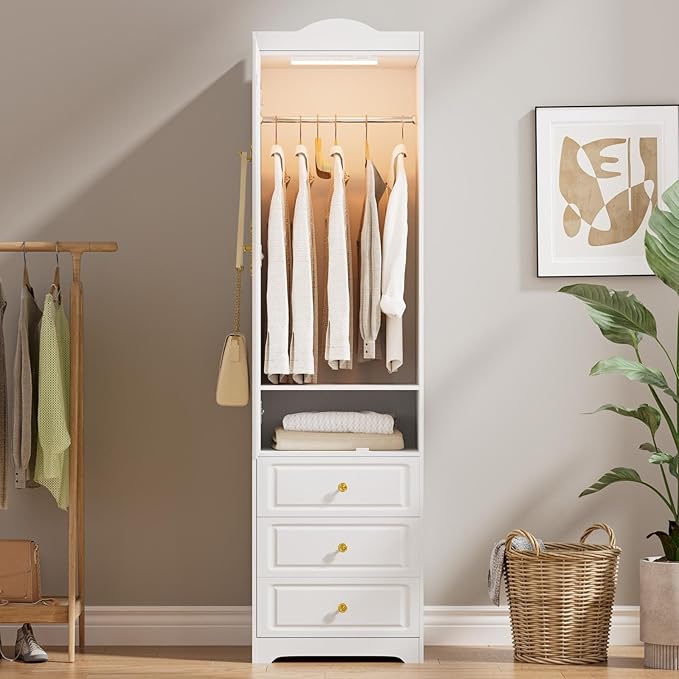 Armoire Wardrobe Closet, Updated White Bedroom Armoires Cabinet with Mirror Door and 3 Drawers, 15.7" W/69.5" H Clothing Storage Cabinet with Hanging Rod & Sensor Light for Bedroom-Left