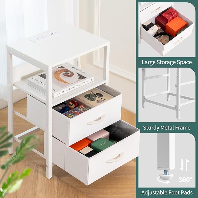 Yoobure Nightstand with Charging Station, LED Night Stand with Fabric Drawers and Storage Shelf for Bedroom, Nightstands Bedside Tables with USB Ports & Outlets, Small Night Stands, Bed Side Table - Image 8