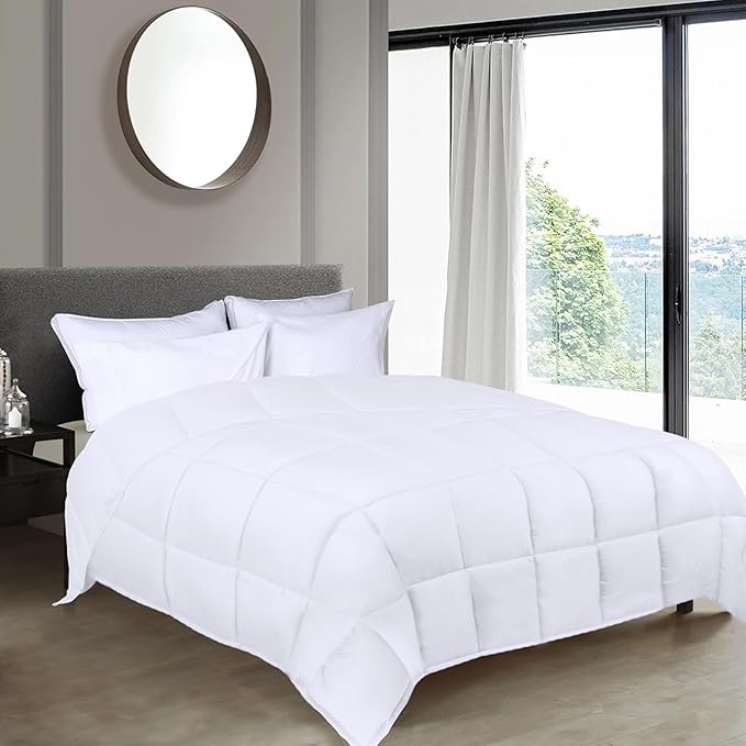 Superior Brushed Microfiber Comforter, Down Alternative Bedding, Medium Weight, Soft Bed Cover, Plush Duvet Insert, Oversized Blanket, Box Quilt, Reversible Comforter, Twin, White