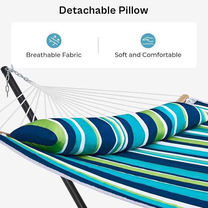 SUPERJARE Hammock with Stand, 2 Person Heavy Duty Hammock with Padded Cotton, Detachable Pillow & Strong Curved-Bar & Portable Carrying Bag, Perfect for Outdoor & Indoor - Dark Cyan - Image 4