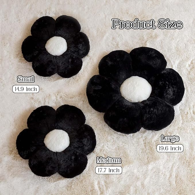 Kcvvcr Black Flower Pillow, Cute Decorative Flower Shaped Throw Pillow with Faux Rabbit Fur, 19.6" Soft Daisy Plush Floor Cushion Aesthetic Room Decor for Bed Sofa Couch
