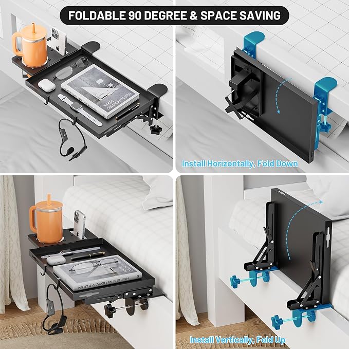 Bedside Shelf Foldable, Metal Clip-On Table Shelf for Dorm Room Bunk Bed & Top Bunk, College Dorm Room Essentials, Bedside Caddy, Floating Desk Tray, Bed Side Table Storage, Loft Nightstand Decor - Image 6