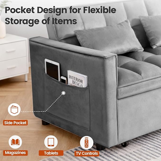 3 in 1 Sofa Bed, Love Seat Sleeper Bed with Side Pockets, Velvet Fabric Pull Out Couch with Adjustable Backrest for Living Room, Bedroom, Gray Apartment, Gray