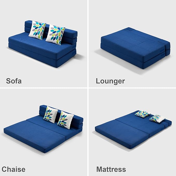 ARTPLAN Convertible Folding Sofa Bed, High-Density Memory Foam Sofa with a Fluffy Pillow, Modern Futon Floor Couch Guest Twin Bed for Living Room/Dorm/Guest Use/Home Office/Apartment,Dark Blue