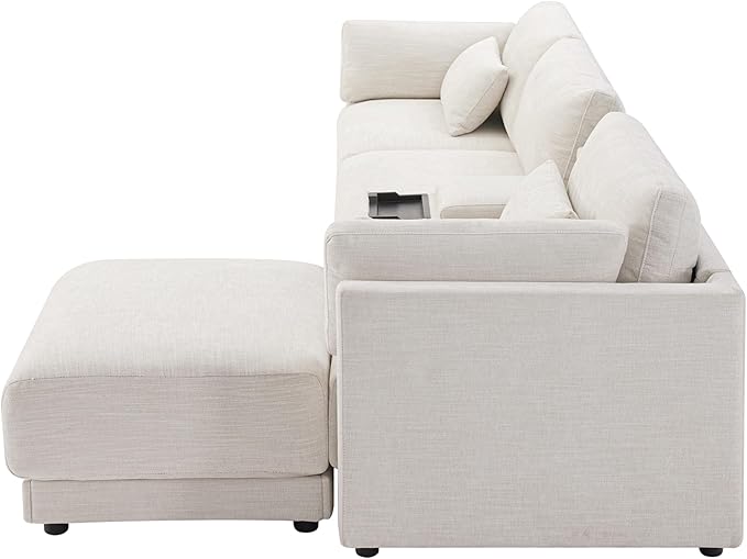124" L-Shaped Corner Sectional Sofa with Multi-Functional Storage Console for Home Apartment, Luxury Chenille Upholstered Cloud Couches W/Wireless Charger & Ottoman