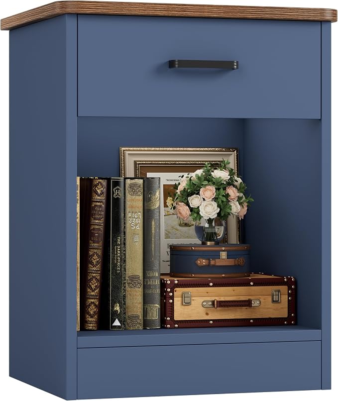 FOTOSOK Nightstand, 2-Tier Side Table with Drawer and Storage Shelf, Bedside Table End Table, Modern Night Stand for Bedroom, Home Office, Blue by FOTOSOK