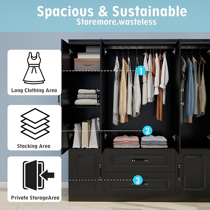 Wooden Armoire Wardrobe Closet：Modern Armoire Wardrobe Closet with 4 Doors, 2 Drawers and Hanging Rods for Tall Cabinet, Large Capacity Clothes Storage Cabinet for Bedroom Home, Black