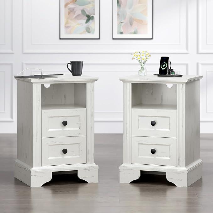 VINGLI Night Stand Set 2 White Nightstand with Charging Station, Wood Nightstands for Bedroom, Bedside Table, End Table with Charger Station, 15.74" W*13.78" D*23.62" H by VINGLI