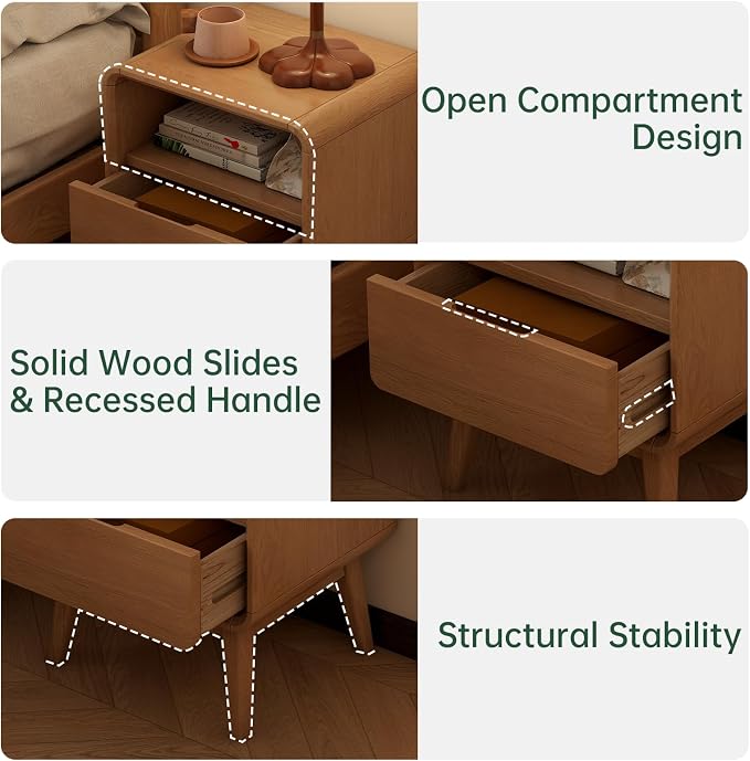 100% Solid Wood Nightstand Set of 2, Small Night Stand with Drawer and Open Shelf, Natural Wood Nightstand, Mid Century Modern Night Stand, Wooden Bedside Table for Bedroom(20.47" H) - Image 5