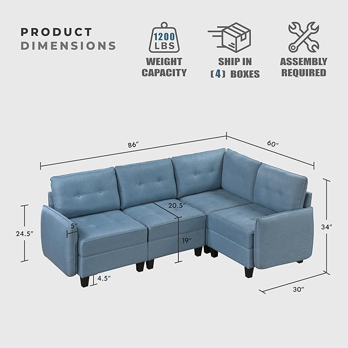 Lexicon L Shape Sectional Couch with Hidden Storage, Textured Fabric Modular Sectional Sofa with Button-Tufted Design, Reversible Back Cushion, 4 Seater Sofa, Blue