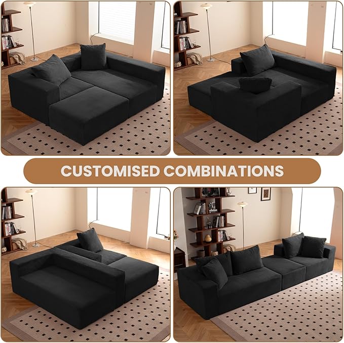 108" L-Shaped Boneless Couch, Modular Sectional Sofa with Moveable Ottoman, Corduroy Cloud Couches for Living Room, No Assembly, Ship in a Box, Black