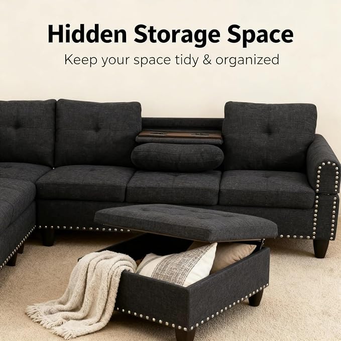 L-Shape Sofa with Storage Ottoman & Reversible Coffee Table, Linen Sectional Couch with Left Chaise, 3-Piece Sofa Set for Living Room, Upholstered Couch Set with Solid Wood Frame, Black Grey