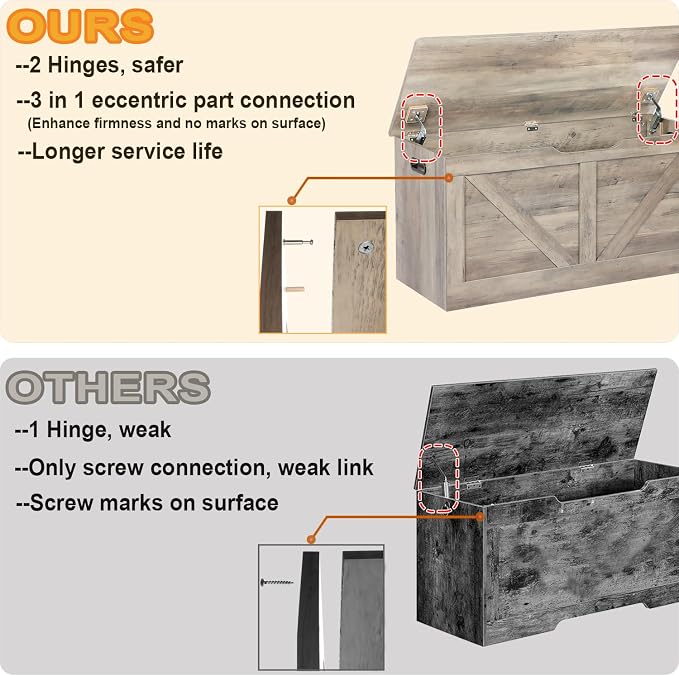 Timberer 39.4" Storage Chest, Wooden Storage Bench, Large Storage Trunk with 2 Safety Hinges, Entryway Shoes Bench for Living Room, Bedroom,Grey - Image 4