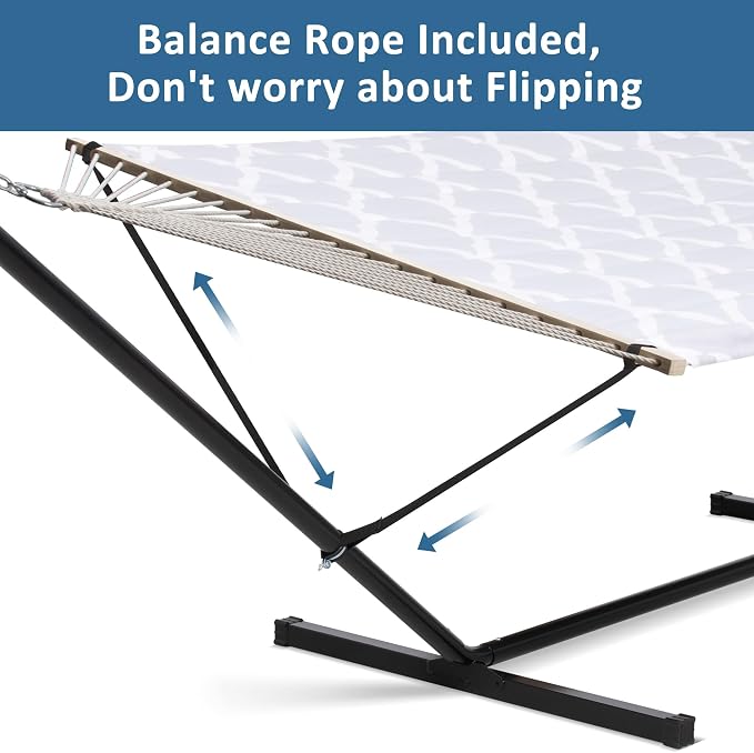 SUNCREAT Double Hammock, Extra Large Quilted Fabric Swing with Hardwood Spreader Bars & Detachable Pillow, Heavy Duty, Perfect for Indoor/Outdoor Patio, Deck, Yard, Gray Cloud - Image 3