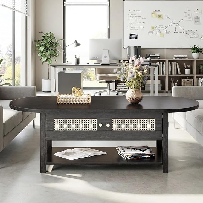 LVB Rattan Coffee Table, Boho Wood Living Room Table with Storage, Oval Modern 2-Tier Cocktail Tea Table with Doors & Open Shelf, Farmhouse Vintage Center Tables for Bedroom Office, Black Oak, 47In