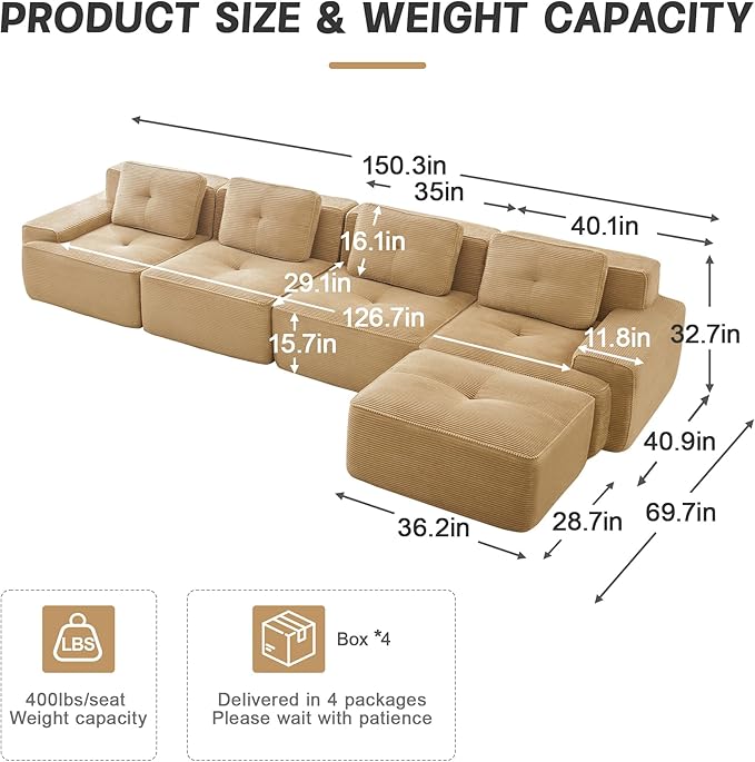 Casaphoria 150'' Corduroy Cloud Couch, 4-Seat L-Shaped Sectional Sofa with 4 Pillows & Ottoman for Living Room, Deep Seat Boneless Couch for Modern Apartment, No Assembly Required, Camel