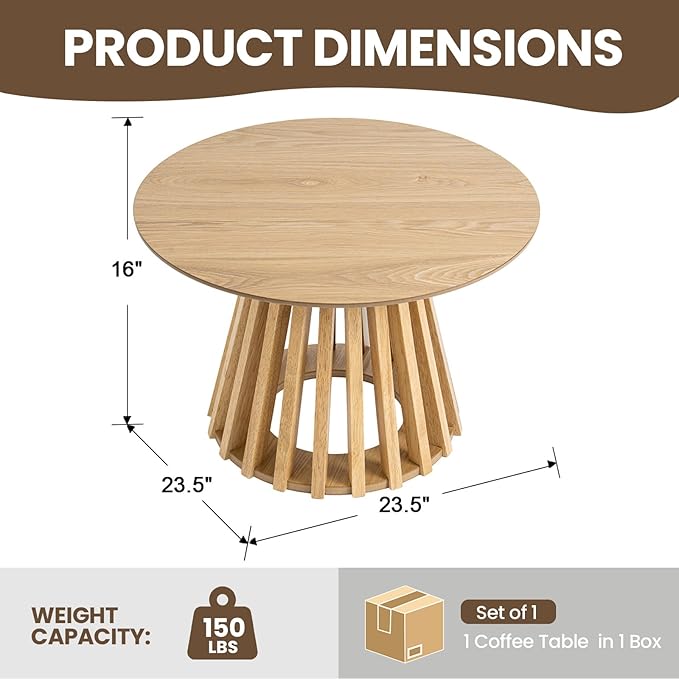 DUOMAY Modern Round Coffee Table with Unique Geometric Base, Sleek White Wood Accent Table for Living Room Office Lounge, Natural Wood Color