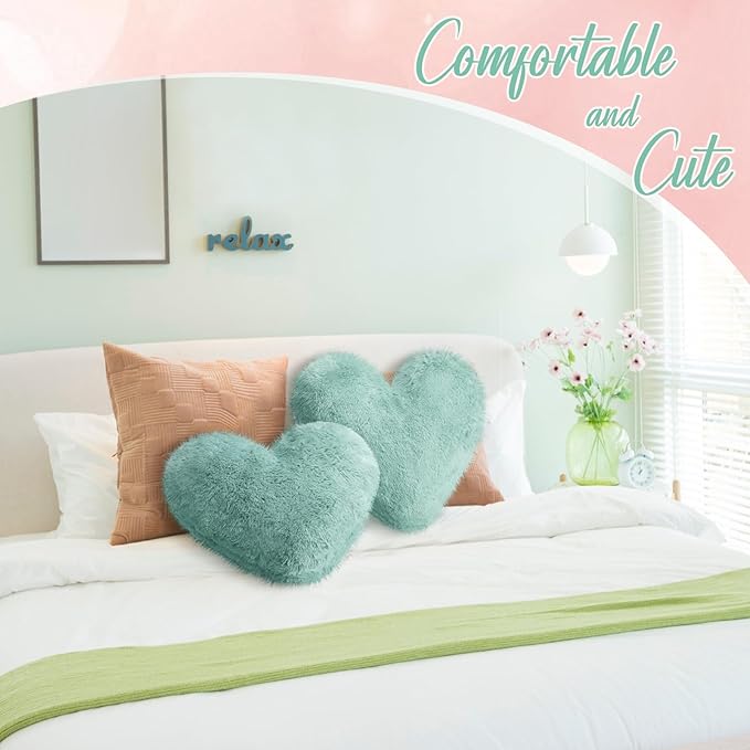 Marsui 2 Pcs Heart Throw Pillows, Soft Fluffy Faux Fur Decorative Hearts Shaped Pillows for Living Room Sofa Bed, Cute Heart Themed Gift for Women(Sage Green,11.81 x 11.02 Inch)