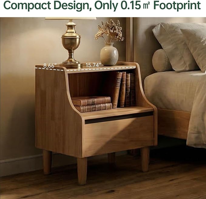 YESWOOD 100% Solid Wood Nightstand, Natural Oak Nightstands with Drawer Open Storage, Modern Night Stand with Glass Tabletop, Wooden Bedside Table for Bedroom, Side Table Living Room(23.62" H) - Image 3