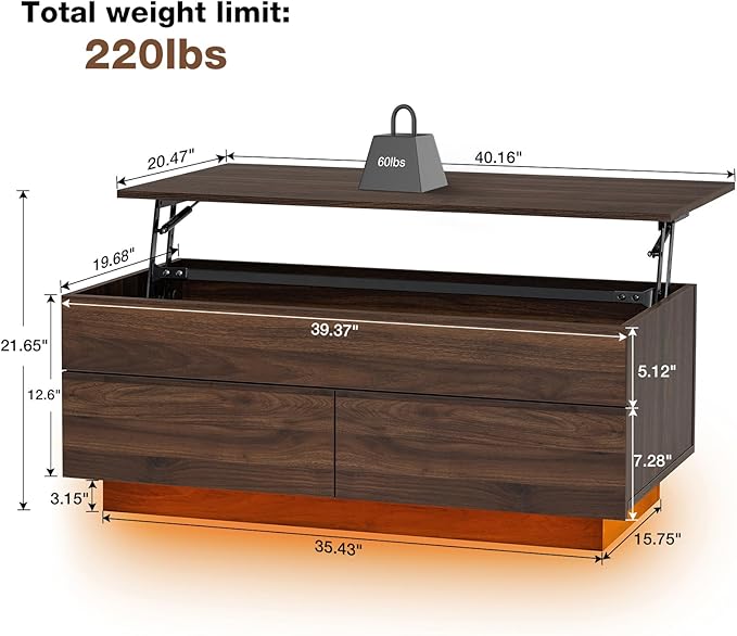 HOMMPA Lift Top Coffee Table with LED Light Morden Coffee Table with Storage High Gloss Walnut Coffee Table for Living Room Tea Table with Storage Center Tables Hidden Compartment & 2 Drawers