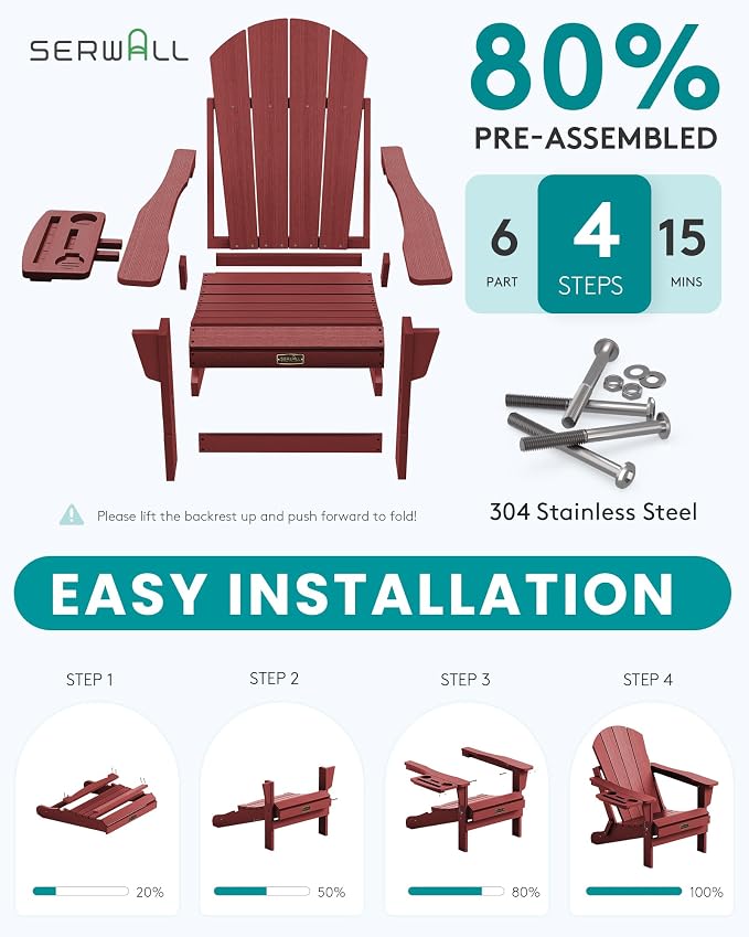 SERWALL Folding Adirondack Chair, Outdoor Adirondack Chairs with 4 in 1 Cup Holder, Wood Texture, Weather Resistant Plastic Patio Fire Pit Chairs for Garden, Backyard, Deck, Lawn - Green - Image 3