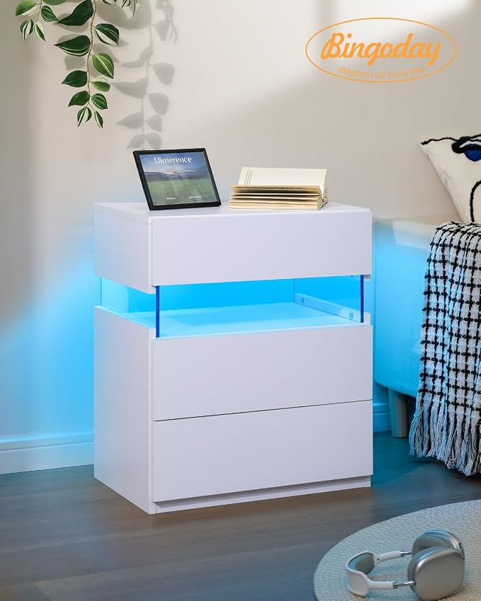 Bingoday LED Nightstands 3 Drawer Nightstand for Bedroom Bedside Tables with Acrylic Board LED End Table for Bedroom Living Room Bedside Furniture (White) - Image 7