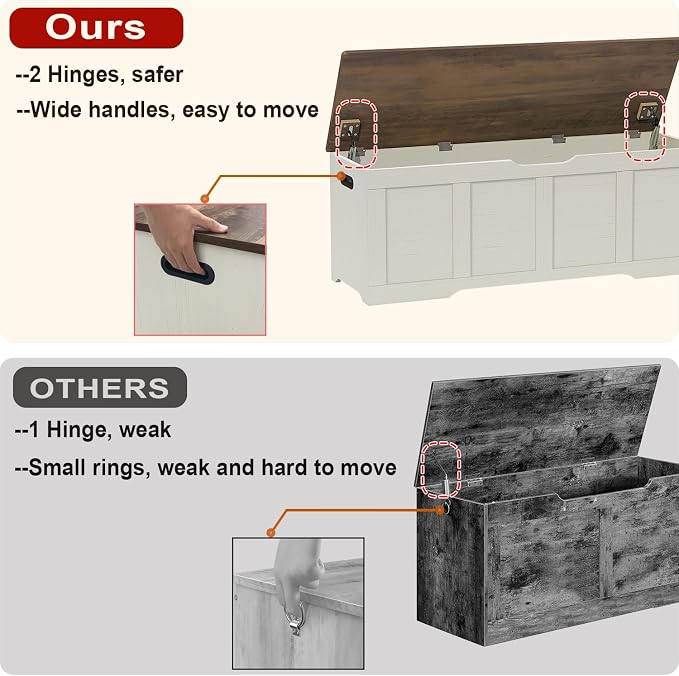 Timberer 47.2" Storage Chest, Extra Large Storage Trunk with 2 Safety Hinges, Wooden Storage Bench, Shoe Bench, Entryway Bench for Living Room, Bedroom, Brown and Rustic White - Image 5