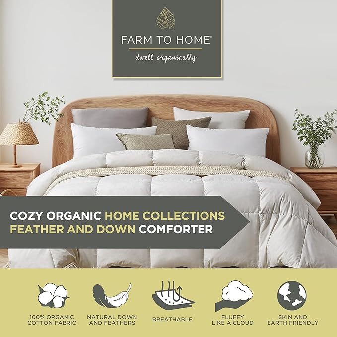Farm To Home Organic Cotton Feather and Down Comforters Queen Size, 100% Organic Cotton Cover, All Seasons Duvet Insert, 4 Corner Tabs, Naturally Breathable White Bedding Comforters, 90"x90"