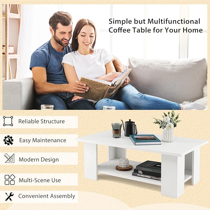 GOFLAME Coffee Table with Storage, Modern Sofa Side Center Table for Small Space, Accent TV Stand for Living Room, Reception Room & Dining Room, Easy Assembly, White