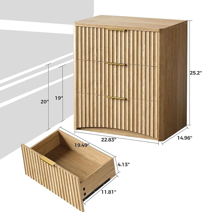 Evermagin Fluted Nightstand, Natural Oak Bedside Table with 3 Drawers, Wood End Table with Storage Mid Century Modern, Large Night Stand for Bedroom - Image 2