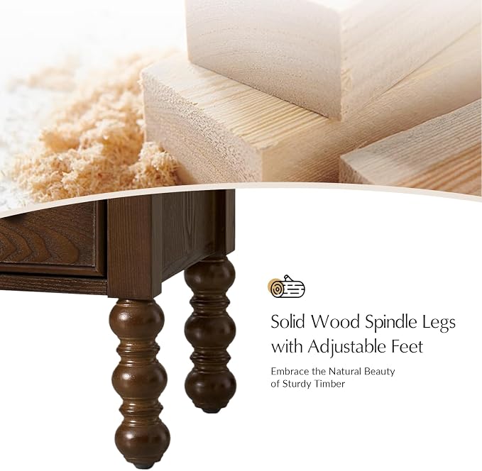 HULALA HOME 26" End Tables Set of 2 with Charging Station, Transitional 2 Drawer Wood Endtables with Pull-Out Shelf and Open Storage Space, Large Side Tables with Solid Wood Spindle Legs, Walnut - Image 5