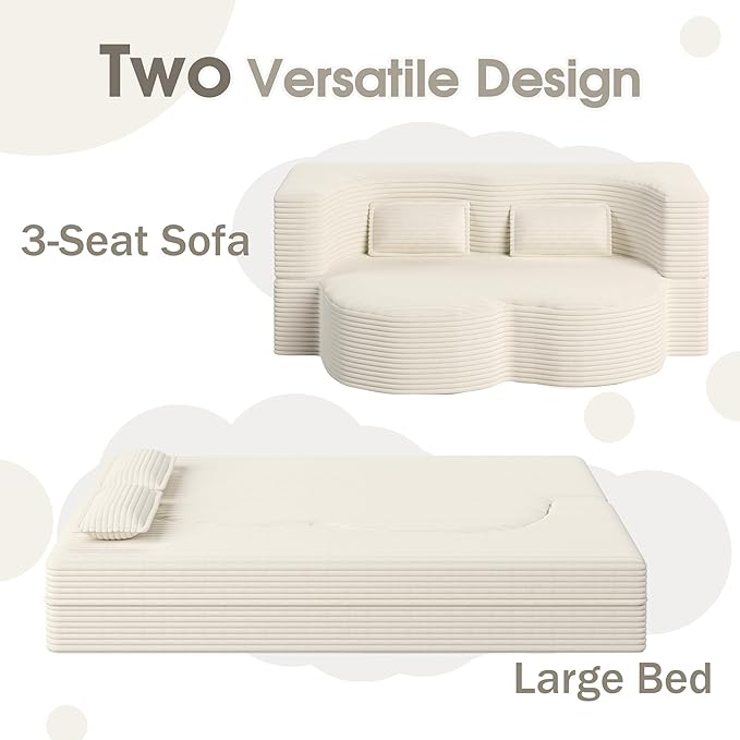 78" Convertible Sofa Bed, 2-in-1 Folding Floor Couch with 2 Pillows, Sleeper Sofa for Living Room and Bedroom, No Assembly Required (Beige, Corduroy Fabric)