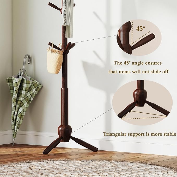 Solid Wood Coat Rack Stand, Vintage Heavy Duty Coat Hanger Stand with 9 Hooks, 3 Adjustable Size Sturdy Coat Tree for Living Room, Entryway, Office, Hallway, Brown - Image 5